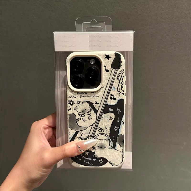 Handyhülle mit Gitarrenkatze-Muster und Litschi-Struktur für Apple iPhone 17 16 15 Pro Max Plus in Beige und Multicolour - Bild 3