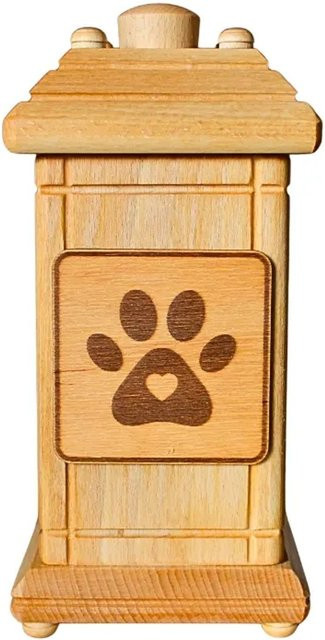 Dekohelden24 Tierurne für Hunde aus Buchenholz mit Hundemotiv und Pfotenabdruck, braun, B/T/H: 12 x 12 x 20 cm - Bild 1