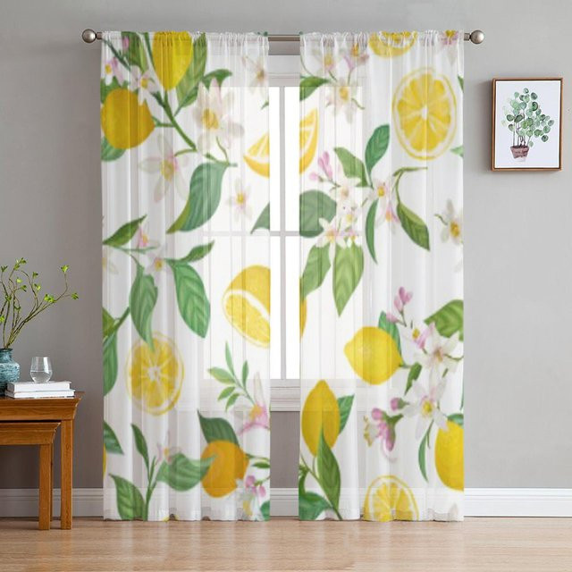 Super Six Transparente Chiffon Fenstervorhänge Tropische Frucht Zitrone in Weiß und Multicolour, B: 135 cm, H: 114 cm - Bild 1