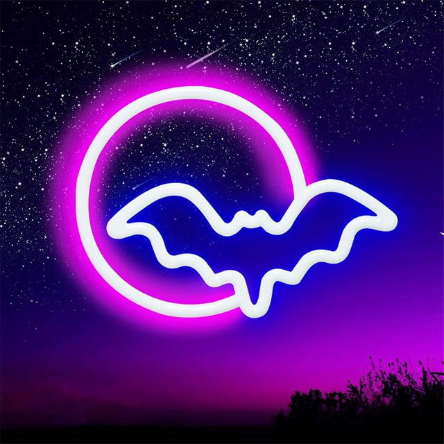 Fledermaus-Neonschild mit Mond-Motiv als LED-Dekoration für Wand und Tisch, betrieben mit USB oder 3-AA-Batterien - Bild 1