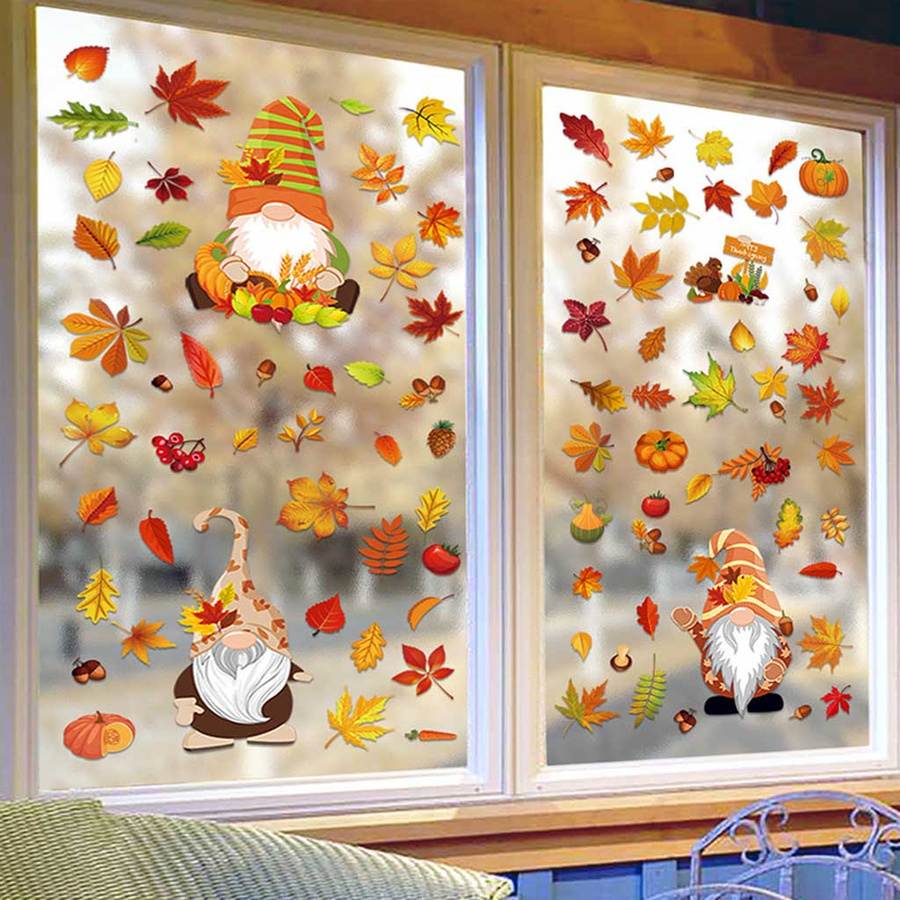6er Set Herbstliche Fensteraufkleber mit Gnom, Kürbis, Ahornblättern und Tannenzapfen, Elektrostatische Wanddekoration für Thanksgiving, Mehrfarbig - Bild 2