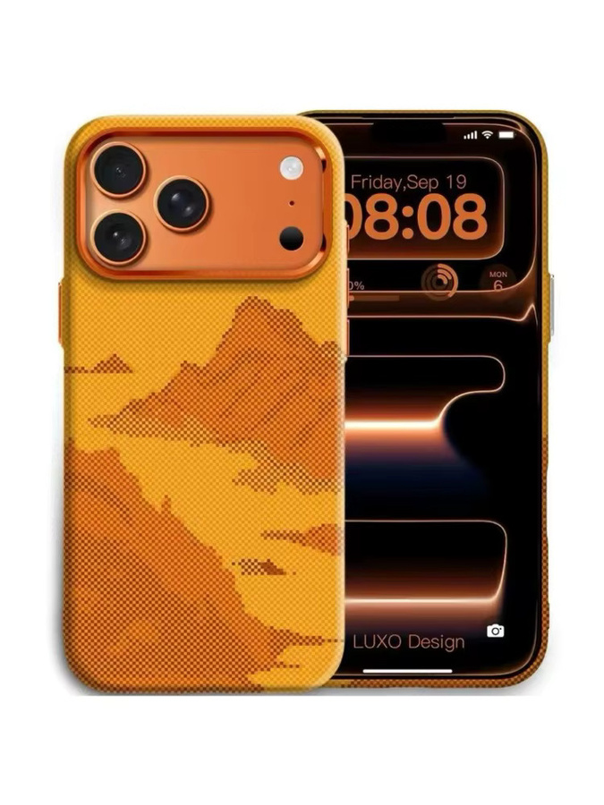 Magnetische Handyhülle mit Kohlefaser-Muster und Metall-Linsenrahmen für iPhone 17 Pro Max und iPhone 17 Pro in Orange - Bild 3
