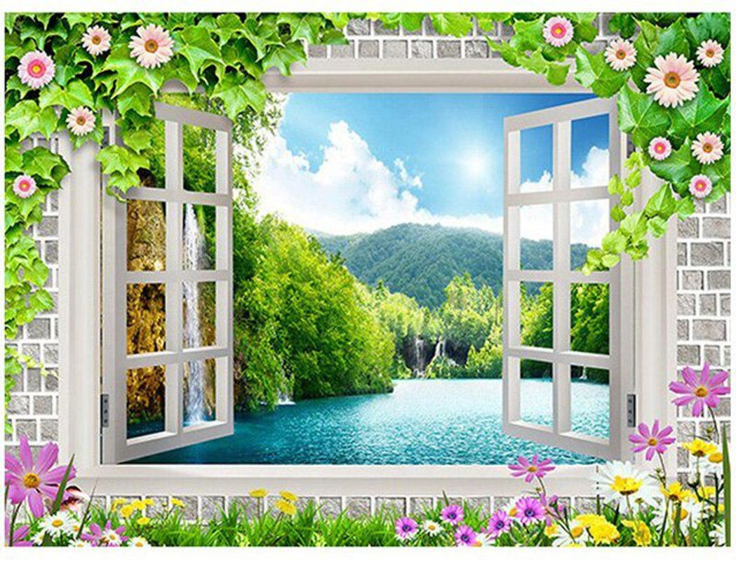 FIYO 5D DIY Diamond Painting Set mit Blumen-Landschaft und Fensterblick, Mehrfarbig, B x H: 20 x 30 cm - Bild 1