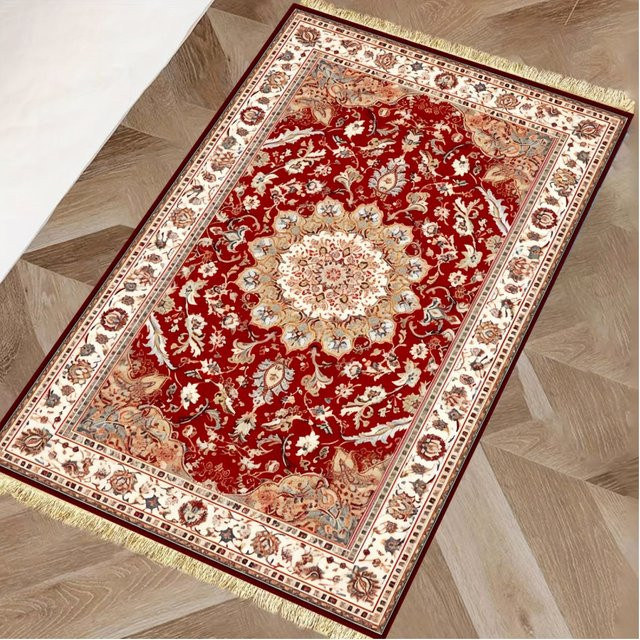 VIKAMA Vintage Persischer Gebetsteppich in Rot, rutschfest und fleckresistent, orientalisches Design für Wohnzimmer oder die Hausanbetung - Bild 1