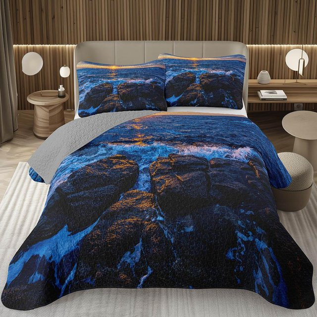 Lodestar Wendbare Tagesdecke mit Natur-Landschaft-Motiv in Grau und Blau, Gestecktes Bettwäsche-Set aus Mikrofaser, B/H: 180 x 210 cm - Bild 1