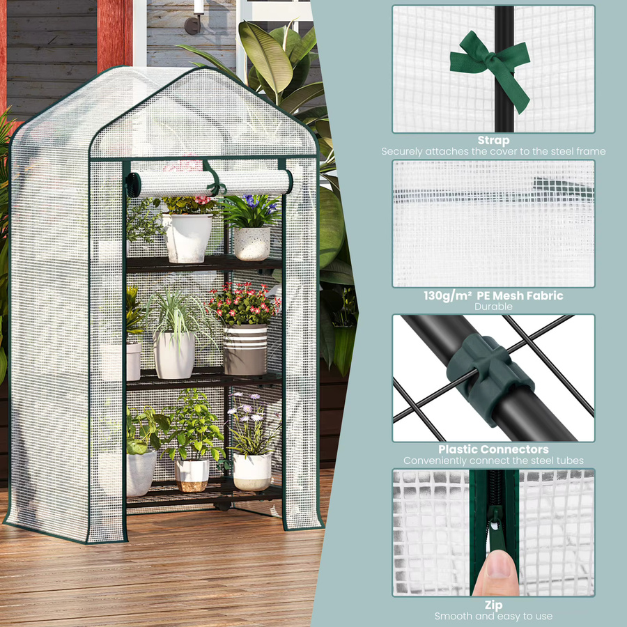 WOLTU Garten-Gewächshaus in Grün mit 3 Regalen, Rollen und Aufrolltür als Winterschutz für Blumen und Gemüse, B/T/H: 131 x 70 x 3 cm - Bild 3