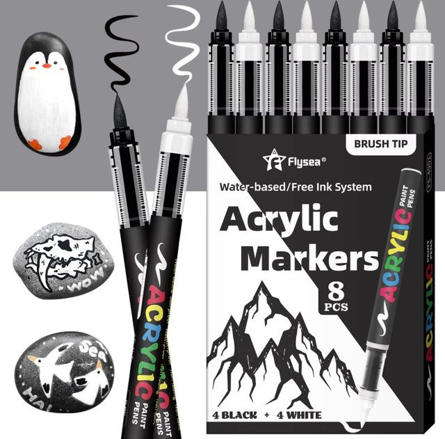 BUNKI Acrylmarker-Set mit 8 Brush-Pens in Schwarz und Weiß für Illustrationen und Bastelarbeiten auf Glas, Holz und Textil - Bild 1