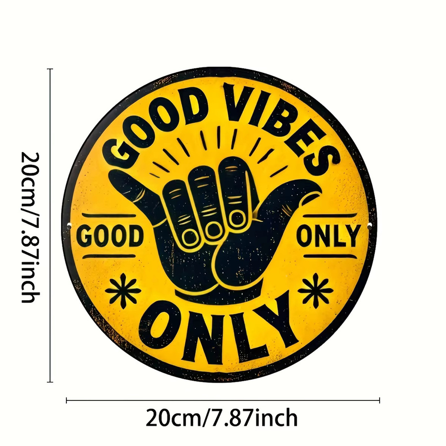 Potdemiel Rundes Vintage-Aluminiumschild Good Vibes Only in Gelb, Durchmesser: 19,8 cm - Bild 3