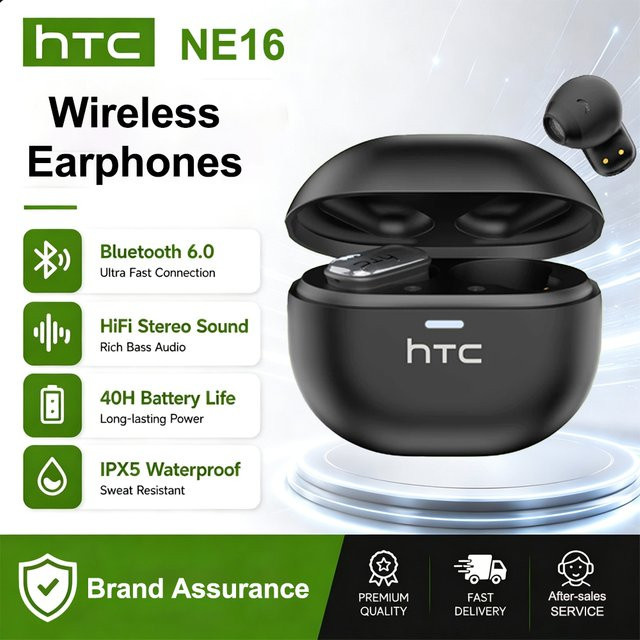 HTC NE16 AI-Übersetzungs-Ohrhörer TWS kabellose Bluetooth-Kopfhörer mit HD-Anruf und HIFI-Stereo für Sport in Schwarz und Grün - Bild 1
