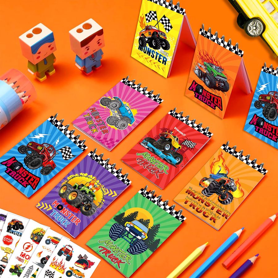 8-teiliges Monster Truck Mini-Notizbuch Set mit Spiralbindung und Taschen, bunt, blanko Seiten für Kinder - Bild 3