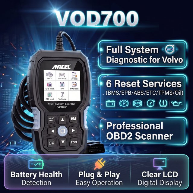 ANCEL VOD700 OBD2 Scanner Diagnosegerät für Volvo in Schwarz mit ABS, Injektor, Öl, ETC, BMS, EPB, TPMS und DPF Reset Funktionen - Bild 1