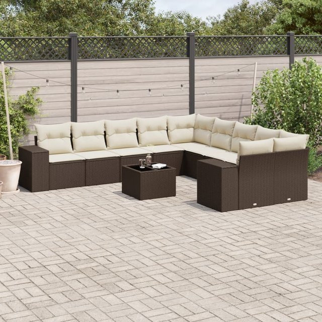 vidaXL 11-tlg. Garten-Sofagarnitur in L-Form aus braunem Polyrattan mit UV-beständigen Kissen und Metallrahmen - Bild 3