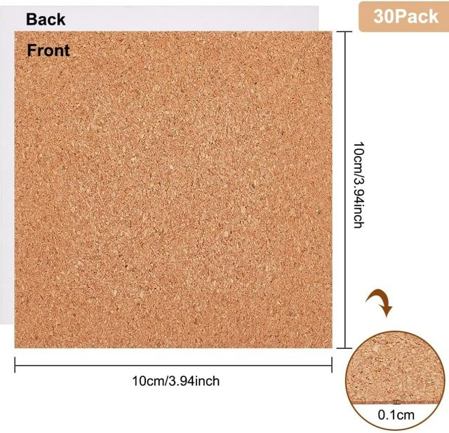 30 Stück selbstklebende Korkplatten in Braun, quadratische Kork-Trägerplatten für Wanddekoration und Heimwerkerarbeiten, B/H: 10 x 10 cm - Bild 1