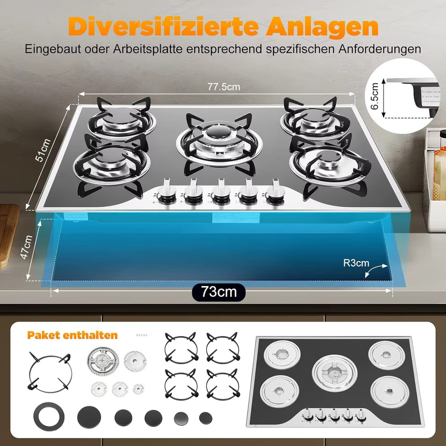 Fridgestea Einbau-Gaskochfeld mit 5 Flammen und Glasplatte in Schwarz, inklusive Wok-Brenner für Propan und Erdgas, Breite: 77,5 cm - Bild 3