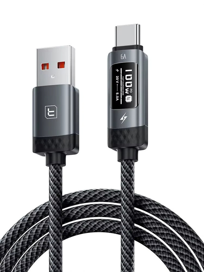 Toocki USB-A auf USB-C Datenkabel mit 100 W Schnellladung und OLED Digitalanzeige in Schwarz - Bild 6