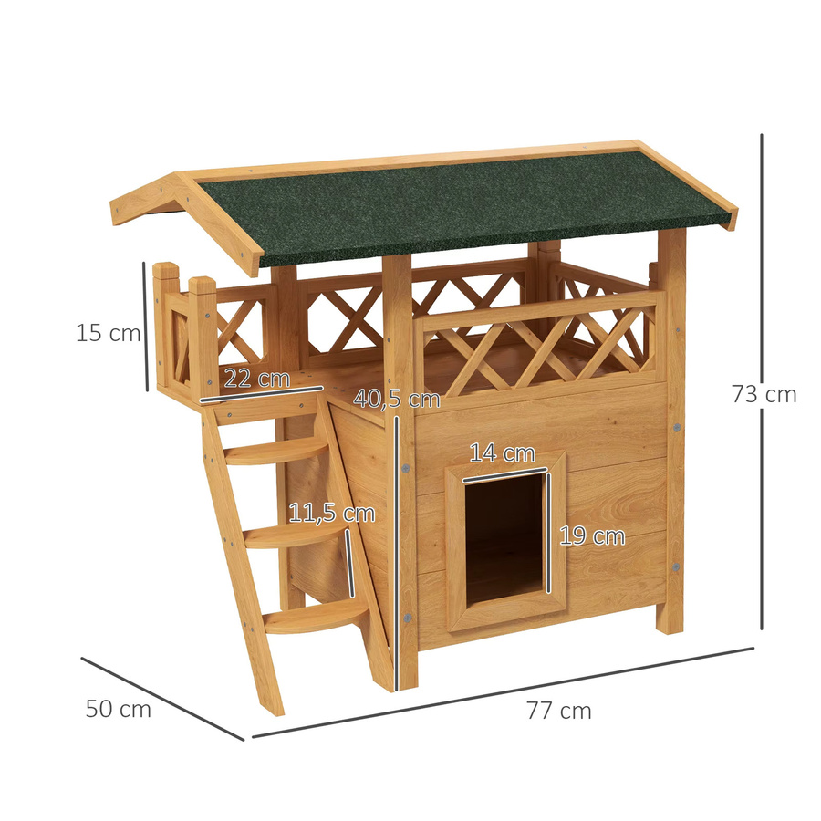 PawHut Katzenhaus aus Tannenholz mit Asphaltdach in Natur, 2-stöckige Katzenhütte mit Balkon, B/T/H: 77 x 50 x 73 cm - Bild 3