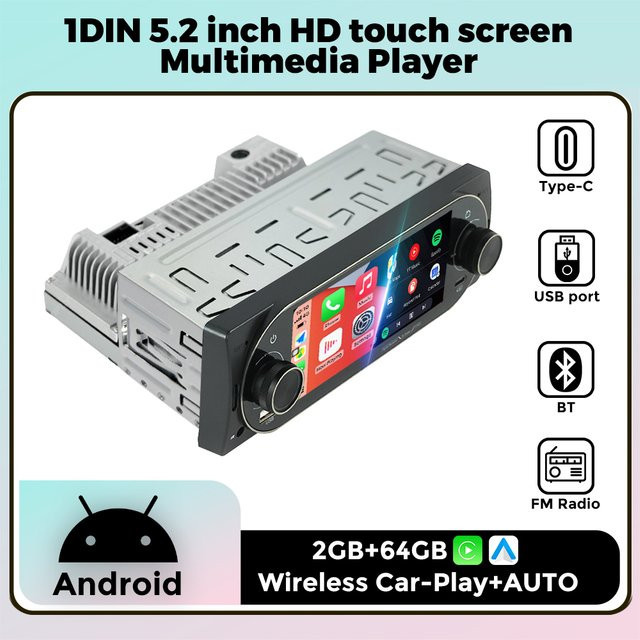 STRONGNAVI Universal Autoradio mit 5,2 Zoll HD Touchscreen, Android-System, Bluetooth, Car-Play und Android Auto, FM Radio - Bild 1