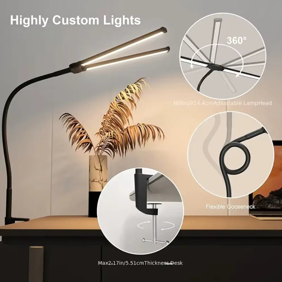 DBF 2-köpfige LED-Schreibtischlampe in Schwarz mit Klemme und USB-Anschluss, augenschonende Architektenlampe mit 3 Lichtfarben und Touch-Bedienung für Büro und Zuhause - Bild 5