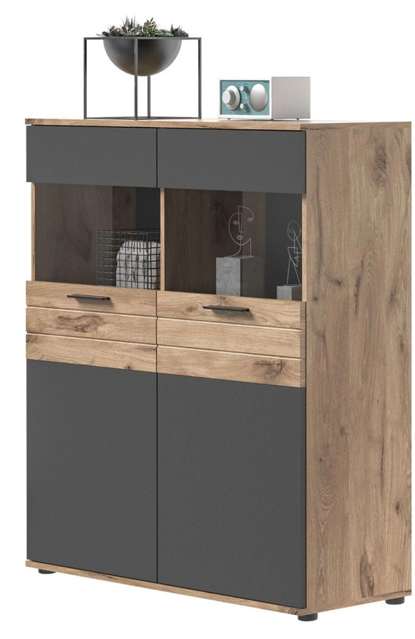 Highboard Tomaso in Eiche und Grau mit Glastüren und Soft-Close-Funktion, B/H: 110 x 122 cm - Bild 1