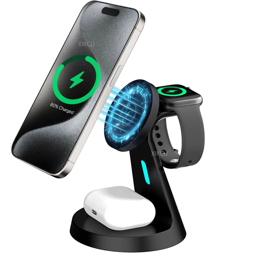 3-in-1 Magnetisches kabelloses Ladegerät Travel Dock für Apple iPhone, Apple Watch und AirPods Pro in Schwarz - Bild 6
