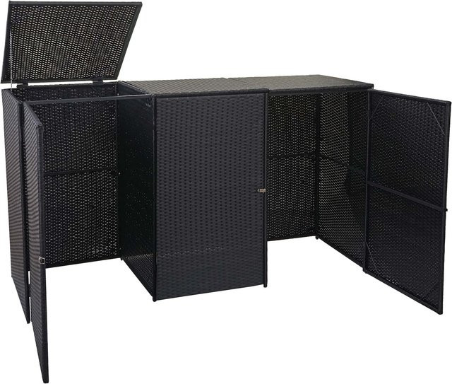MCW 3er-Mülltonnenverkleidung E25 Mülltonnenbox aus Poly-Rattan für 3x120l in Schwarz, B/T/H: 110 x 195 x 66 cm - Bild 1