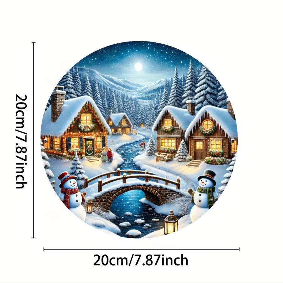 Potdemiel Winter Village Night Scene Rundes Metallblechschild Vintage Wandkunst aus Eisen, Durchmesser: 19,8 cm, Mehrfarbig - Bild 2