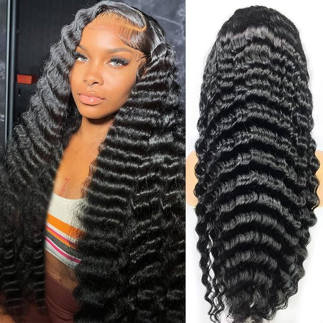FIUMER Lace Front Perücke, Deep Wave Wasserwelle, Brasilianisch Schwarz - Bild 1