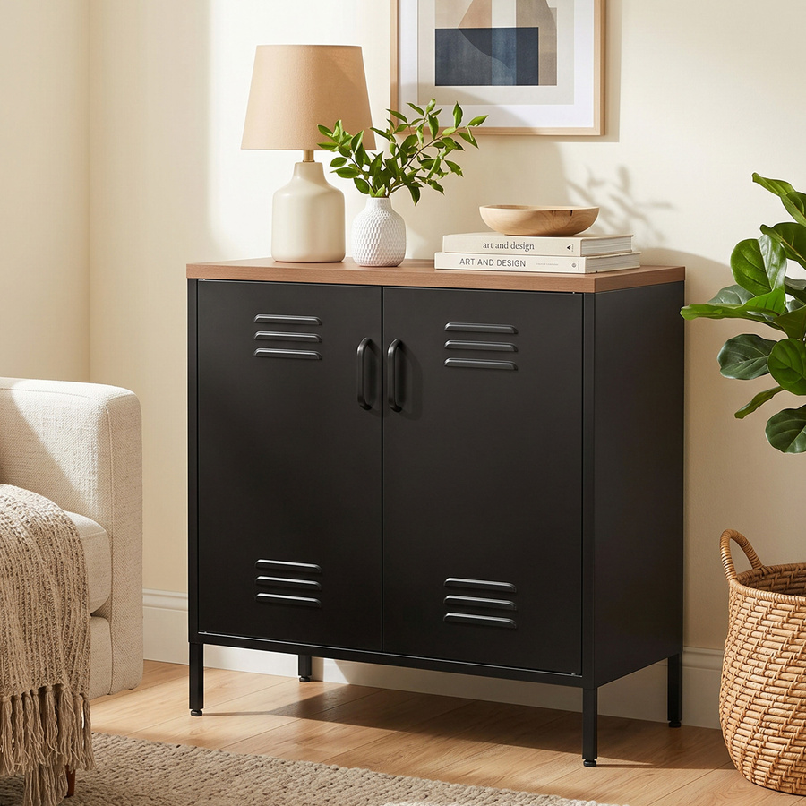 HOMCOM Sideboard aus Metall im Industrie-Look mit 2 Türen und verstellbarem Regal, Schwarz, B/T/H: 80 x 40 x 80 cm - Bild 2