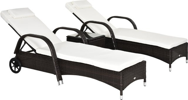 Outsunny Gartenmöbel 3er-Set aus Polyrattan und Metall mit Sonnenliegen und Tisch in Braun und Cremeweiß - Bild 1