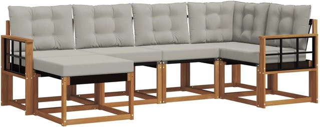 vidaXL Outdoor-Sofagarnitur 6-teilig L-Form aus Akazienholz und Textilene in Natur und Grau mit Kissen und Armlehnen - Bild 1