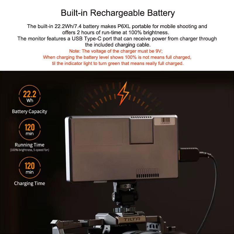 FEELWORLD P6XL 6-Zoll-Kamera-Feldmonitor mit 4K HDMI, 1200 Nits Helligkeit und eingebautem Akku in Schwarz und Silber - Bild 2