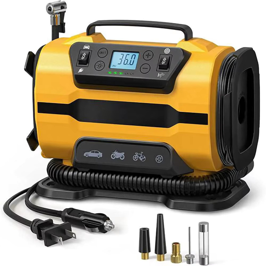 DWiusty Tragbarer Luftkompressor mit Dual-Power 110V-230V AC/DC, Reifenfüller für Auto, Boot, Fahrrad und Matratze in Gelb - Bild 3
