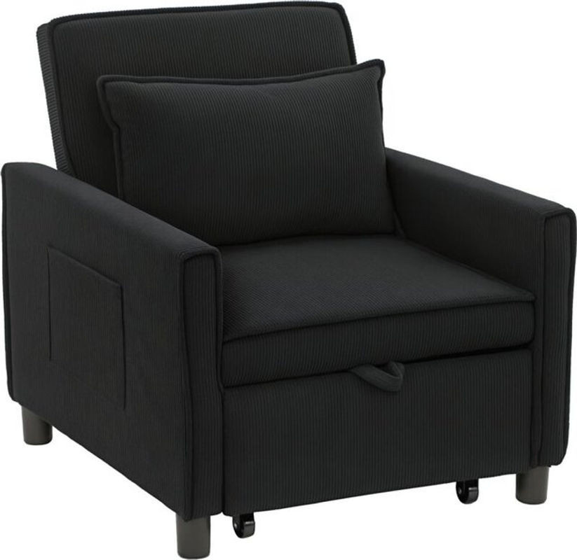 HOMCOM 3-in-1 Schlafsessel in Schwarz mit verstellbarer Rückenlehne, Klappbettfunktion, Lendenkissen und Seitentasche - Bild 1
