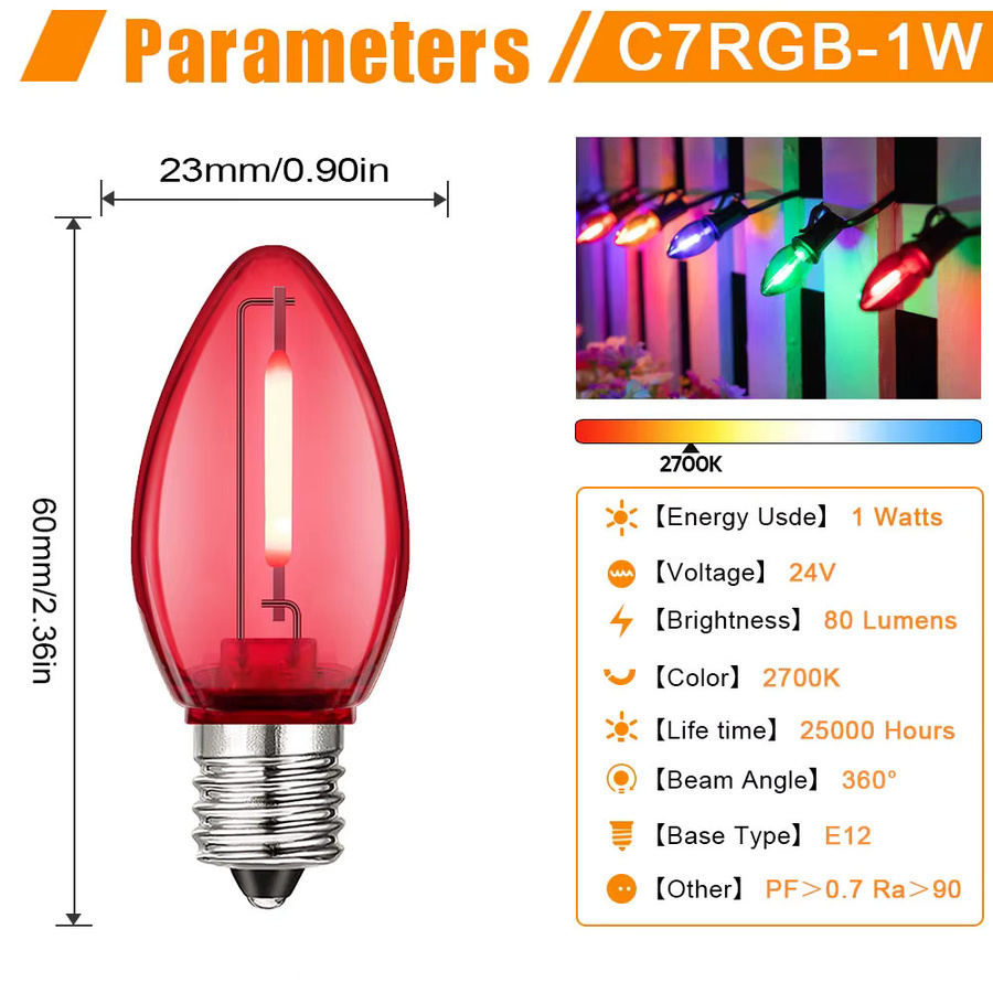 Grensk LED Ersatzlampe C7 Kerze, Mehrfarbig, 1 W, E12, DC24V - Bild 2