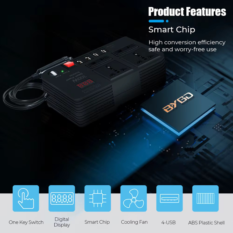 Auto-Wechselrichter 300 W mit 4 AC-Steckdosen und 4 USB-Anschlüssen, DC 12 V zu AC 220 V Konverter mit Überlastschutz und EIN/AUS-Schalter, Schwarz - Bild 3