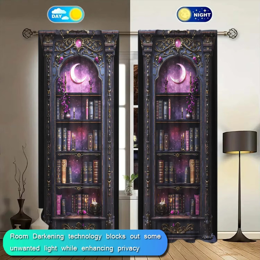 VOZMIO 2-teiliger Vintage-Gothic-Vorhang mit Bücherregal-Print, blickdicht, mehrfarbig - Bild 5