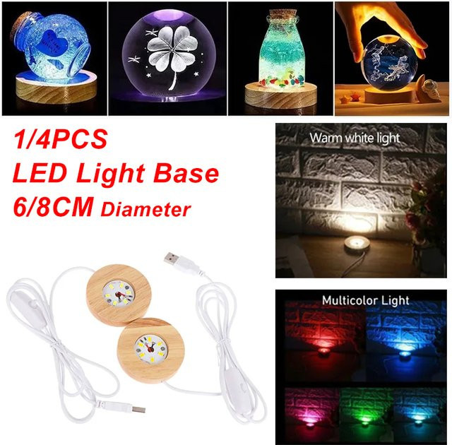 LINYILIGHT LED Nachtlampe mit Holzbasis und USB-Stecker, Bunte Kristall Glas Epoxy Harz Kunst Lampe, Durchmesser: 6 cm - Bild 1