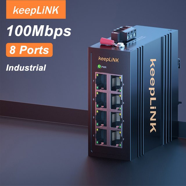 KeepLiNK Industrial 8-Port Ethernet-Switch 10/100 Mbit/s in Schwarz mit robustem Metallgehäuse IP40 und DIN-Schienenmontage - Bild 1