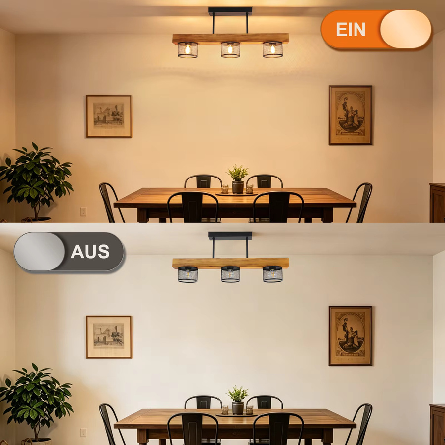 Cliheet Deckenleuchte im Vintage-Industriestil mit 3-flammigem Holzkäfig in Braun und Schwarz, E14-Fassung - Bild 3