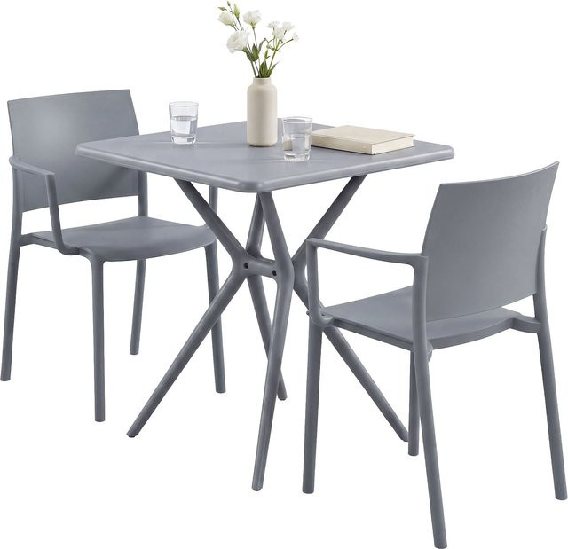 CLP Gartenmöbel-Set Pula in Grau, wetterfeste Sitzgruppe aus Kunststoff mit 2 Stapelstühlen und quadratischem Bistrotisch für Balkon, Terrasse und Garten - Bild 1