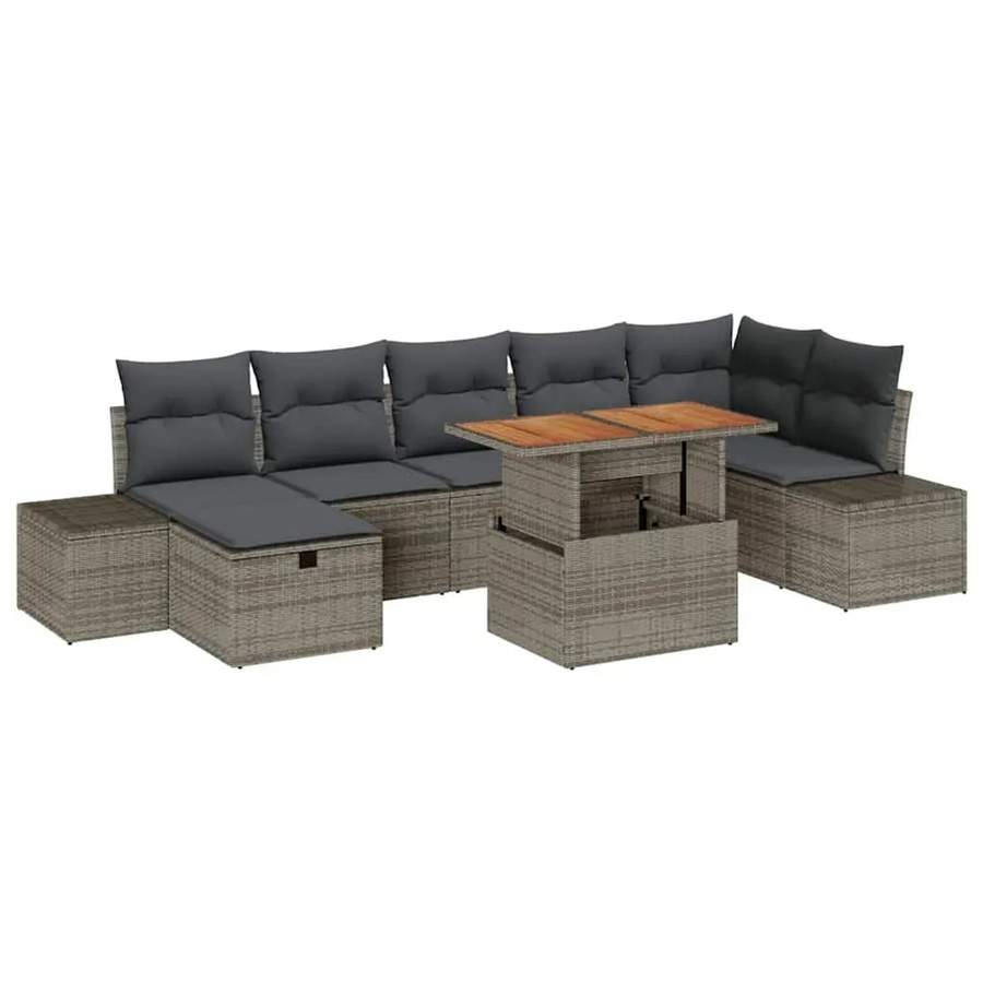 vidaXL 8-teiliges Garten-Esszimmer-Set aus Polyrattan und Akazienholz mit Kissen in Grau - Bild 2