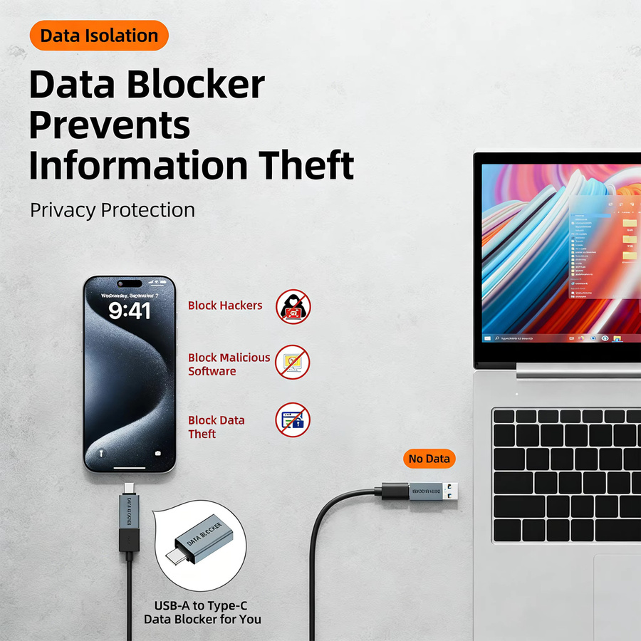 NNBILI USB-Datenblocker Anti-Hacking-Ladeadapter in Grau mit USB-A und USB-C Anschlüssen für Laptop und Mobilgeräte - Bild 3