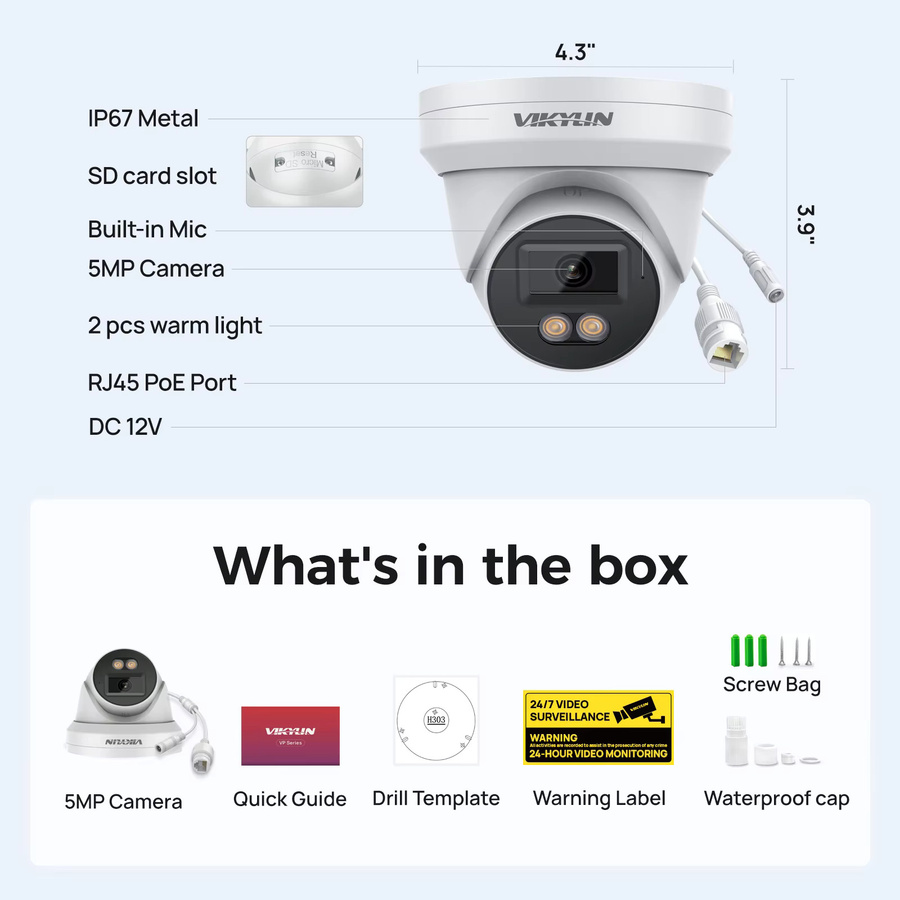 VIKYLIN 5MP IP-Sicherheitskamera mit vollfarbiger Nachtsicht, Audio, PoE, Menschen- und Fahrzeugerkennung, ONVIF und SD-Speicher, IP67 Outdoor Metall, Weiß - Bild 5