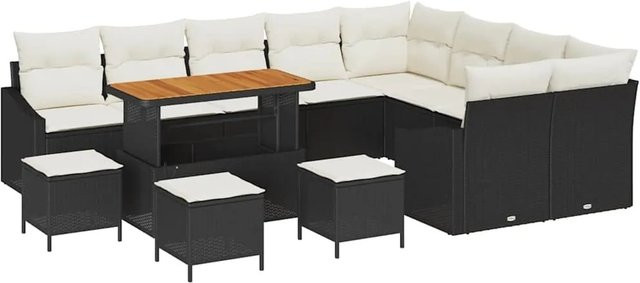 vidaXL Garten-Sofa-Set aus Polyrattan in Schwarz und Beige mit 13-teiligem Set inklusive Kissen, Ottomane und Couchtisch - Bild 1