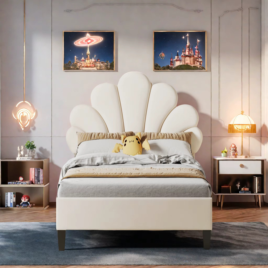Rosahqnda Kinderbett für Mädchen in Beige mit gepolstertem Samt-Rahmen und floralem Kopfteil, B/T/H: 140 x 200 cm, höhenverstellbares Einzelbett ohne Matratze - Bild 2