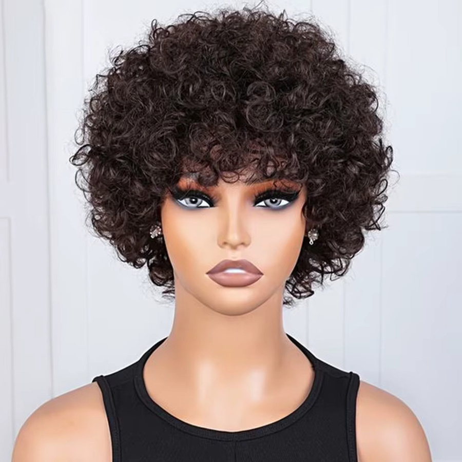 Afro-Locken-Bob Echthaarperücke mit Pony, brasilianisches Remy-Haar, braun, Damen - Bild 3