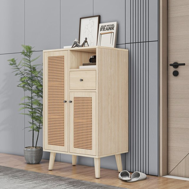 Eckschrank Sideboard mit 2 Rattantüren und 1 Schublade in Naturfarbe, B/T/H: 60 x 40 x 101 cm - Bild 1