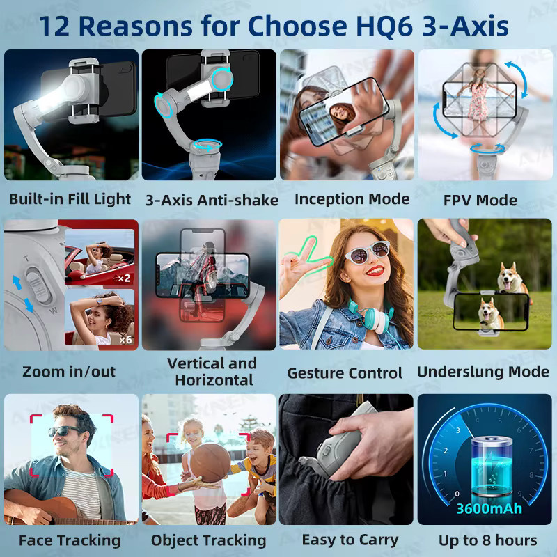 Axnen 3-Achsen-Gimbal-Stabilisator für Smartphones mit Aufhellungslicht für Videoaufnahmen und Vlogs - Bild 4