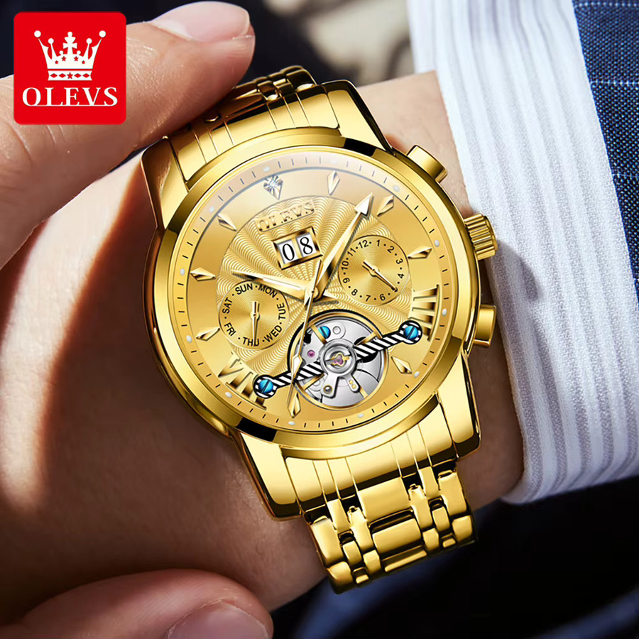 OLEVS Armbanduhr, Automatik, Edelstahl, Gold, Herren, Tag- und Datumsanzeige - Bild 3