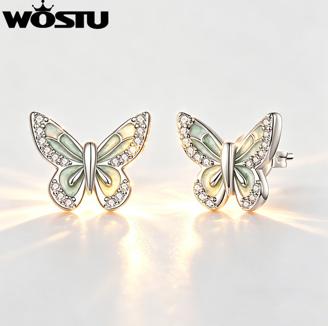 WOSTU Ohrstecker, 925 Silber, platinierte Zirkon, grün, Schmetterling, Damen - Bild 1
